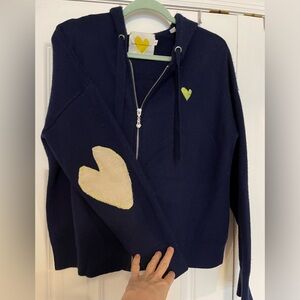 Kerry Rosenthal Navy cashmere zip up sweater with heart elbow patches size M